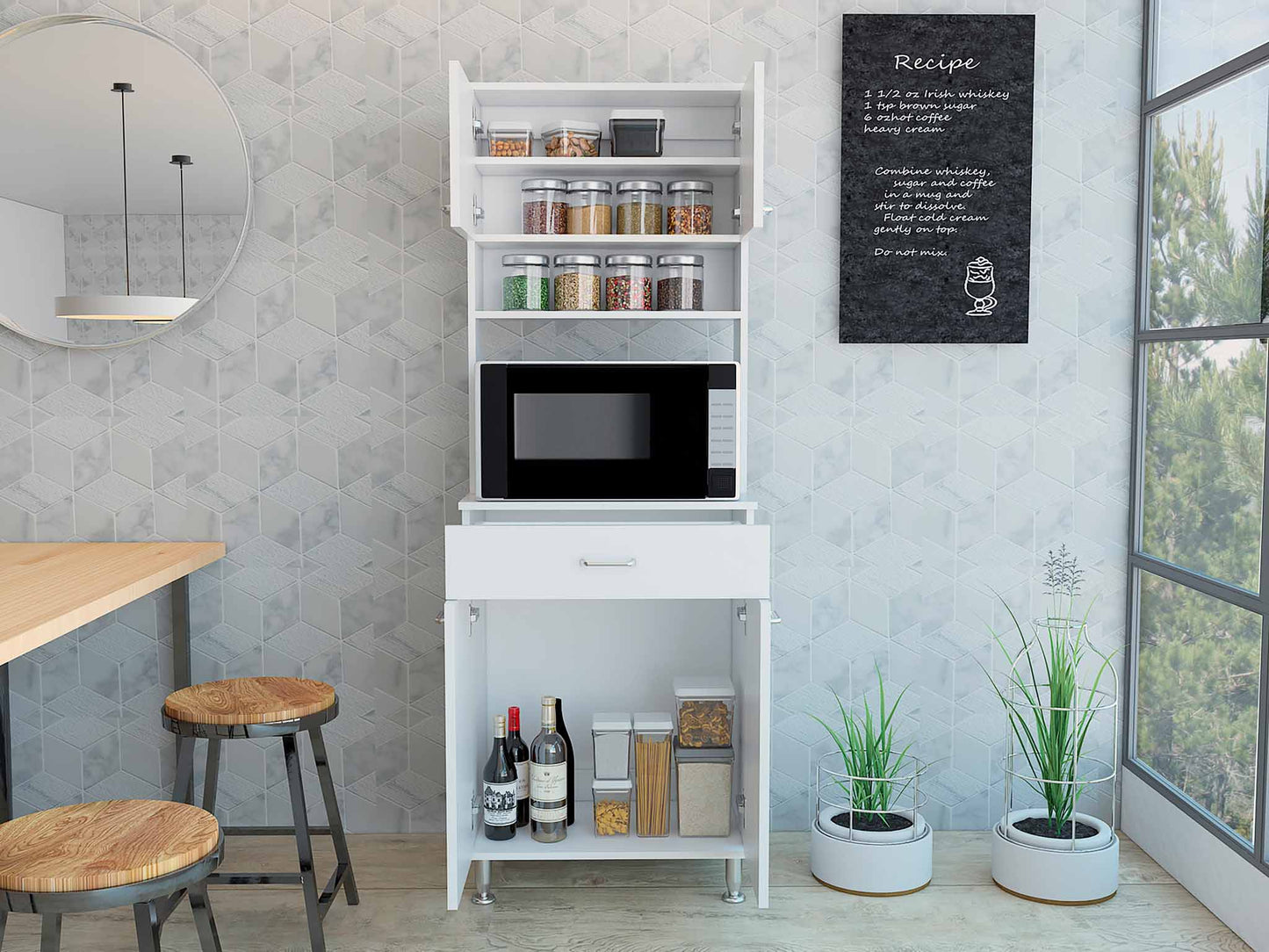 White kitchen storage tower with microwave shelf