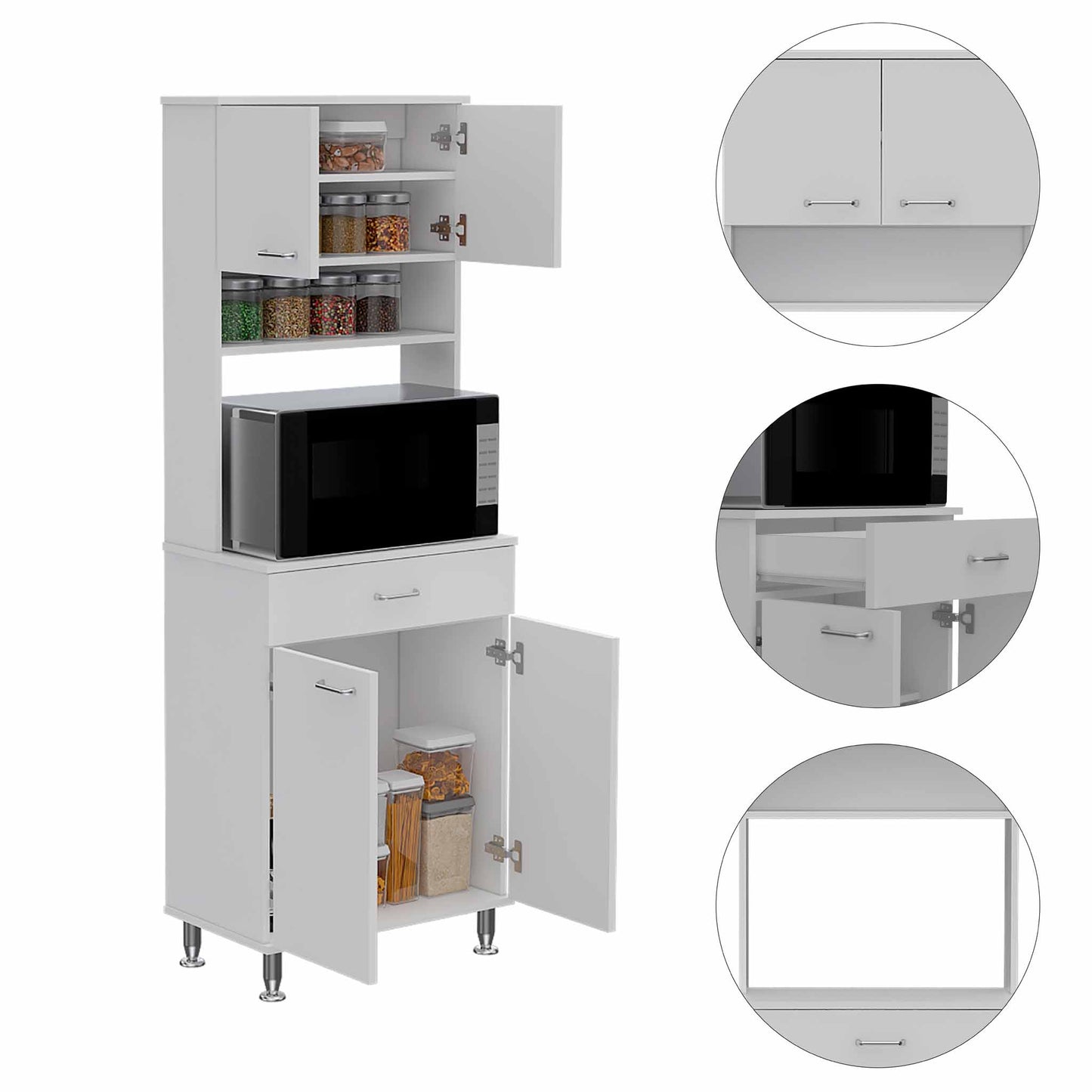 White modern kitchen pantry cabinet with open doors and storage jars