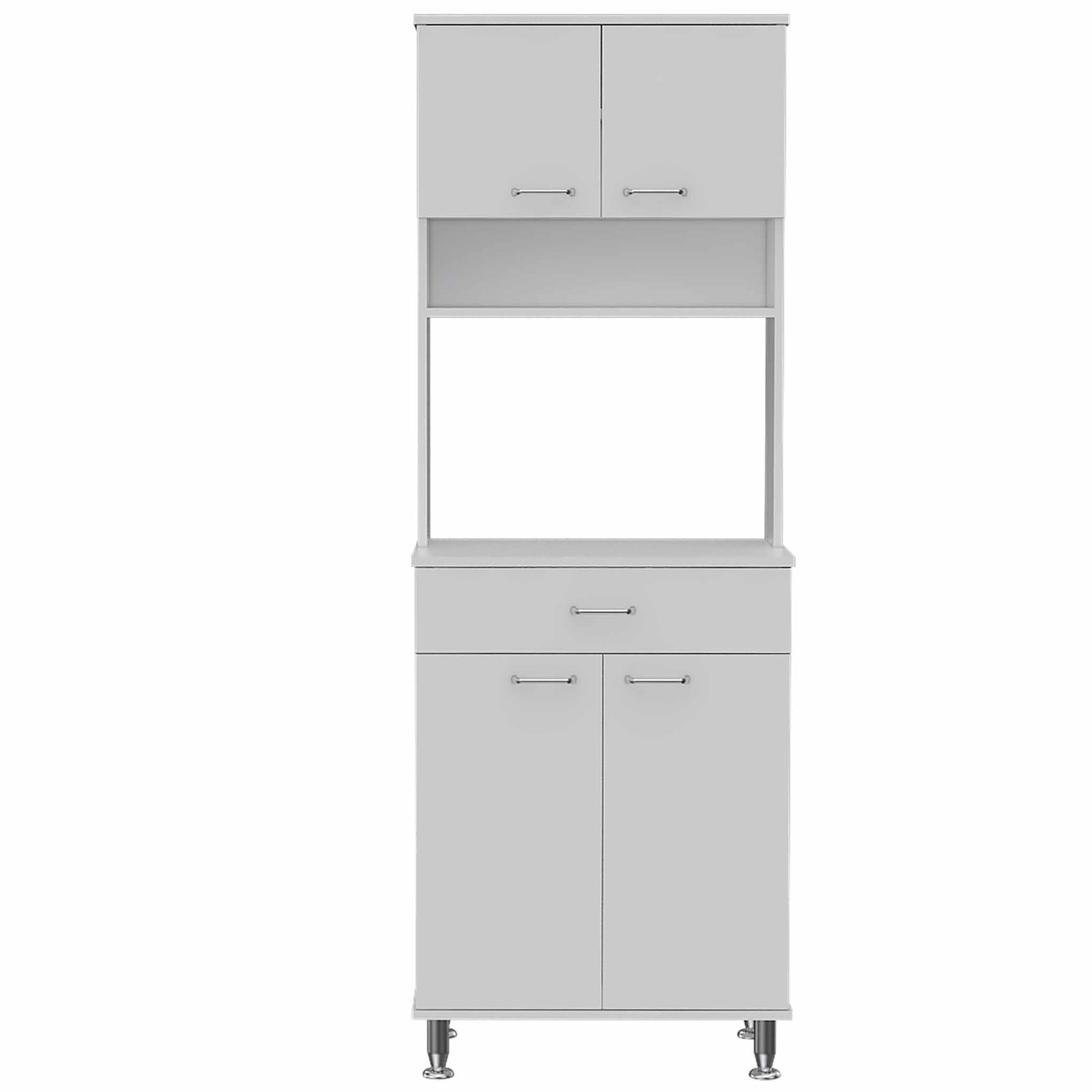 Modern white kitchen pantry cabinet with open shelf and two drawers