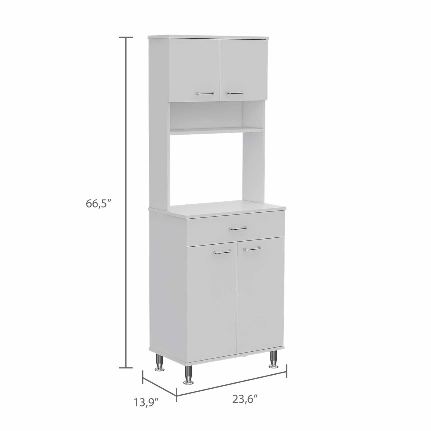 White twodoor kitchen pantry with open shelf and drawer