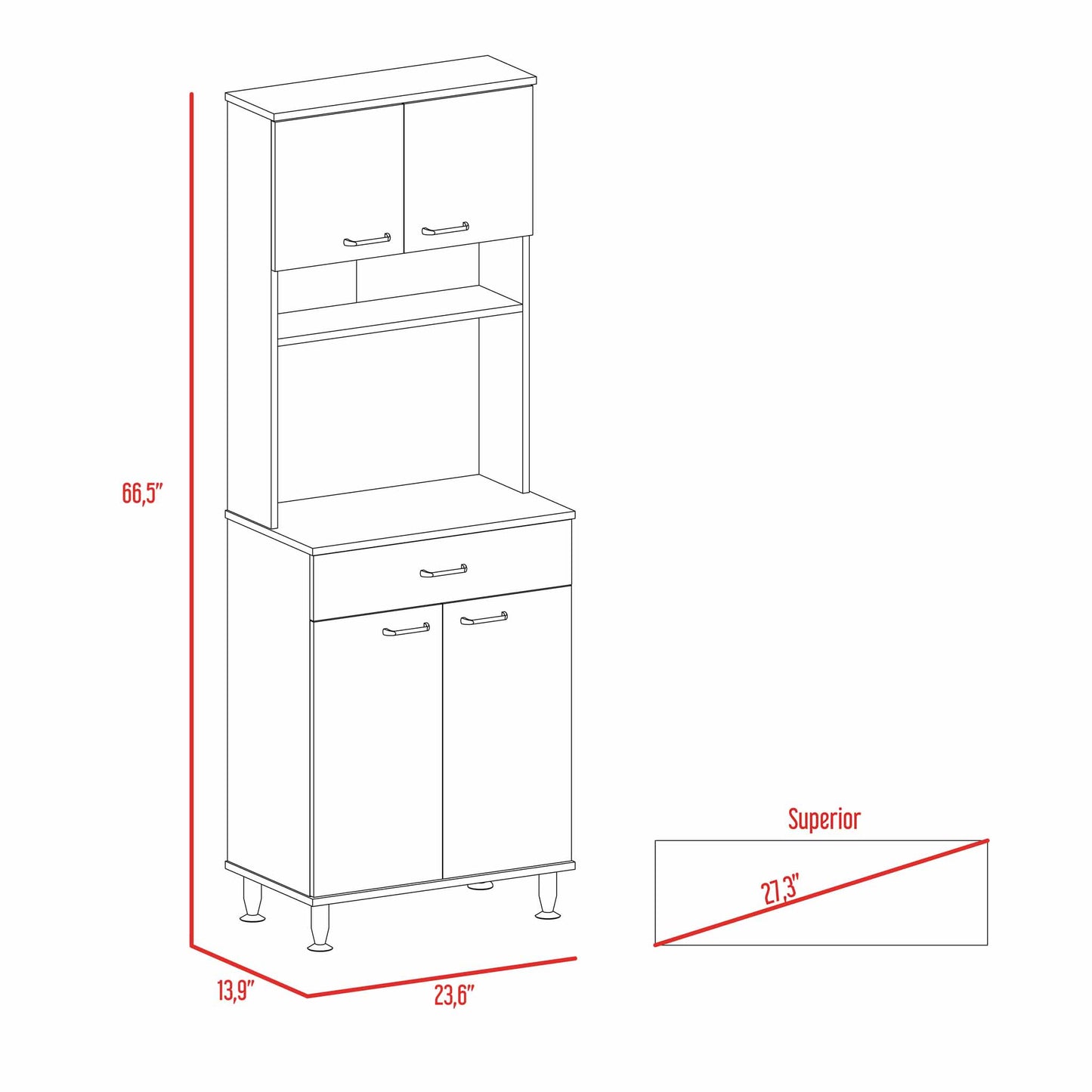 Line drawing of a white kitchen pantry cabinet with dimensions