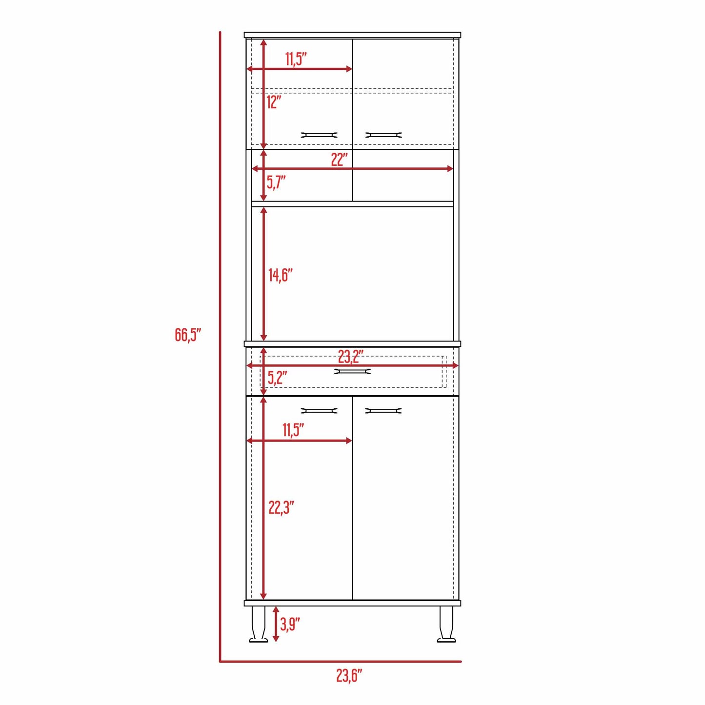 Line drawing of a tall kitchen cabinet with dimensions