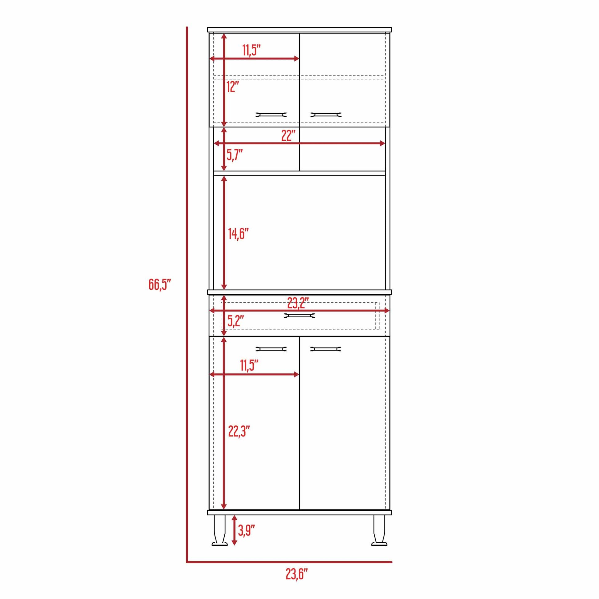 Line drawing of a tall kitchen cabinet with dimensions