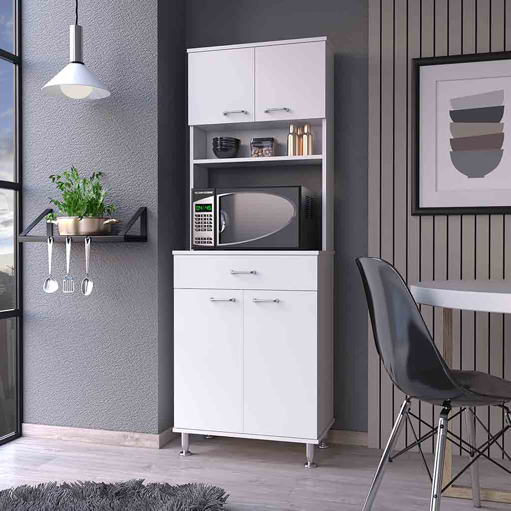 Compact white kitchen pantry cabinet with open shelving and storage drawers