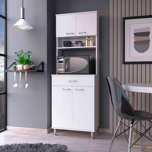 Compact white kitchen pantry cabinet with open shelving and storage drawers