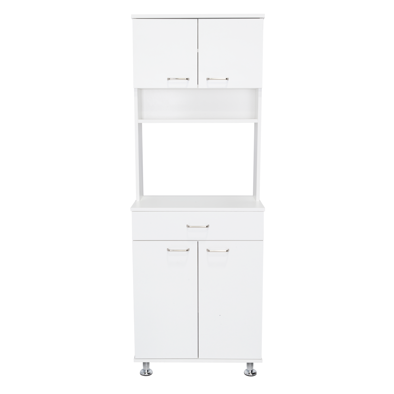 Modern white kitchen cabinet with two top doors and open shelves