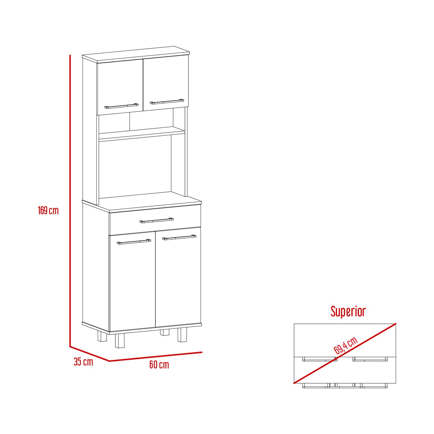Line drawing of a tall kitchen cabinet with two doors and two drawers