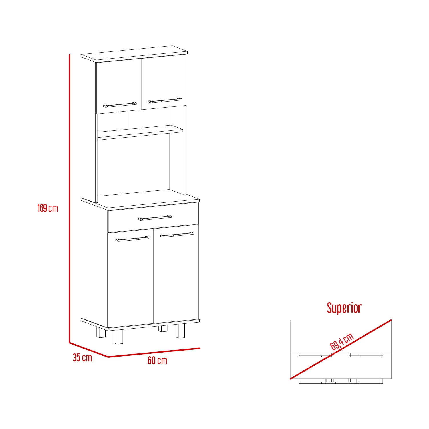 Line drawing of a tall kitchen cabinet with two doors and two drawers