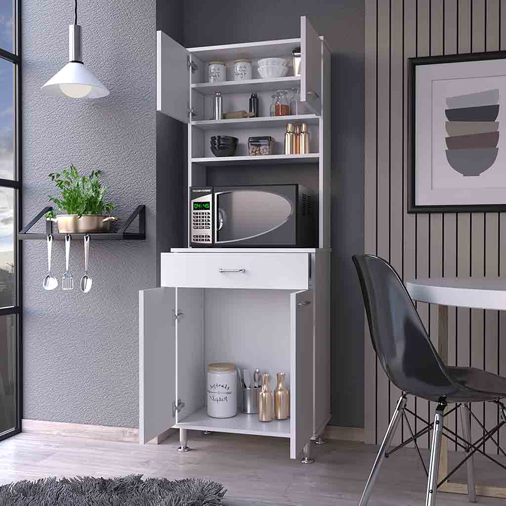 White kitchen cabinet with microwave and open doors