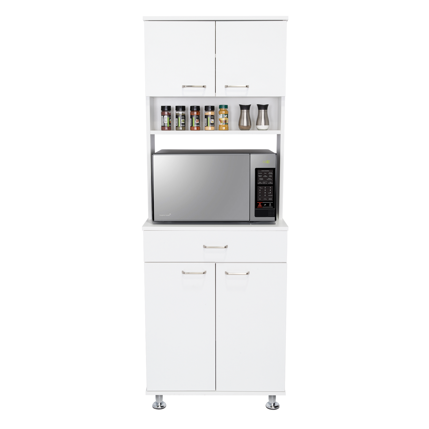 White kitchen cabinet with microwave and spice rack