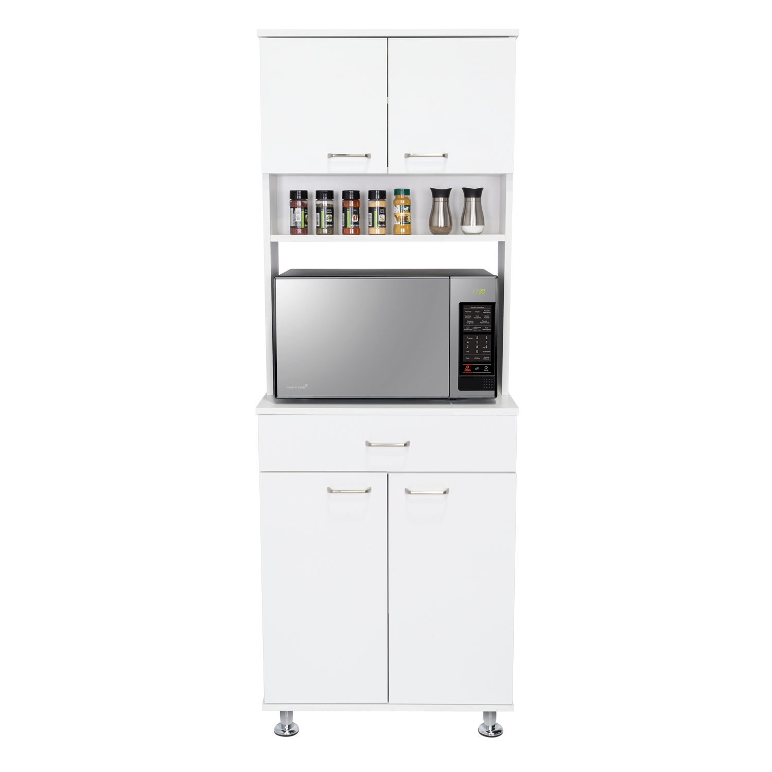 White kitchen cabinet with microwave and spice rack