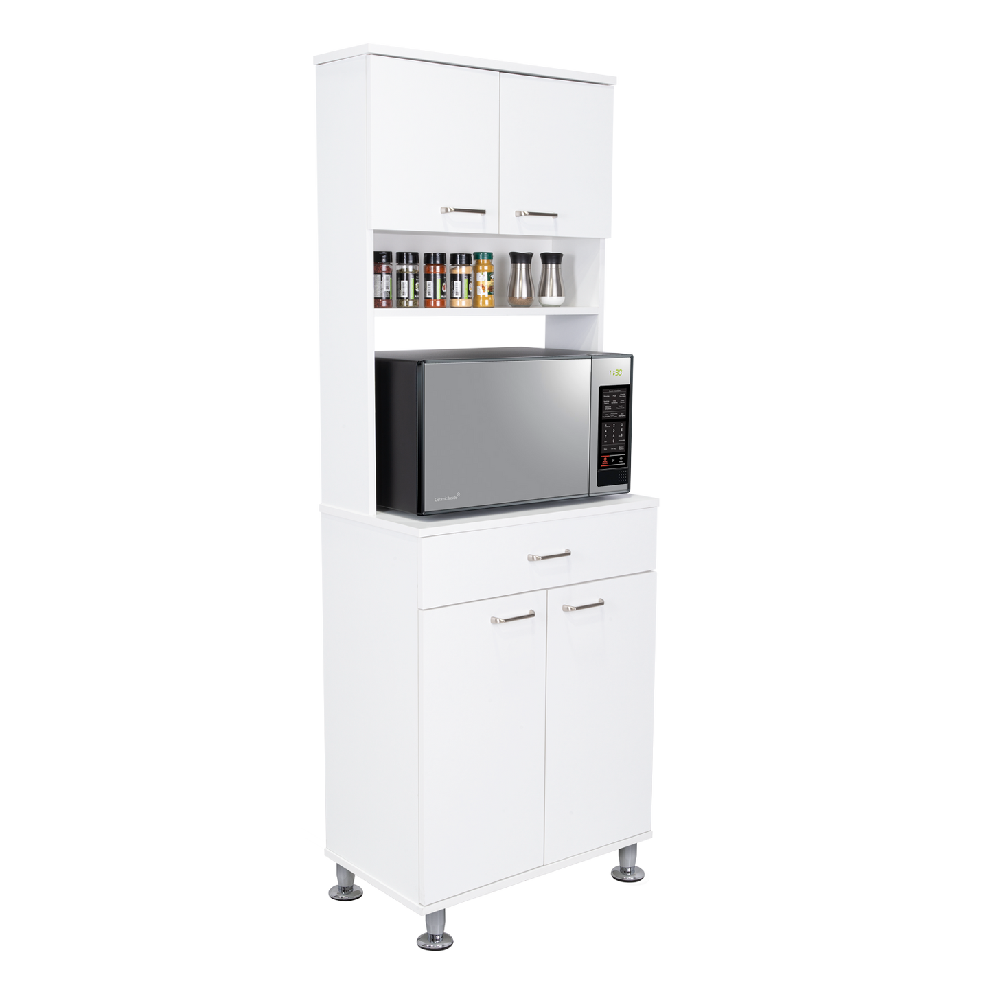 White kitchen pantry with microwave shelf and spice rack