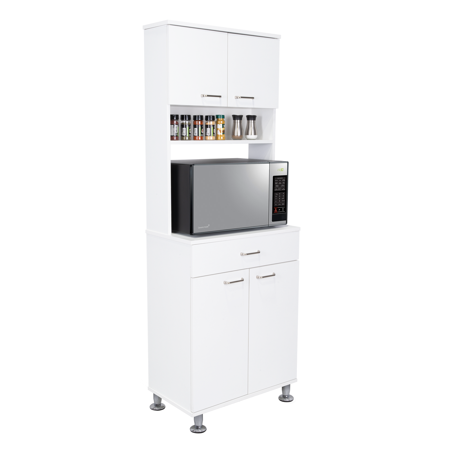 White kitchen pantry with microwave shelf and spice rack