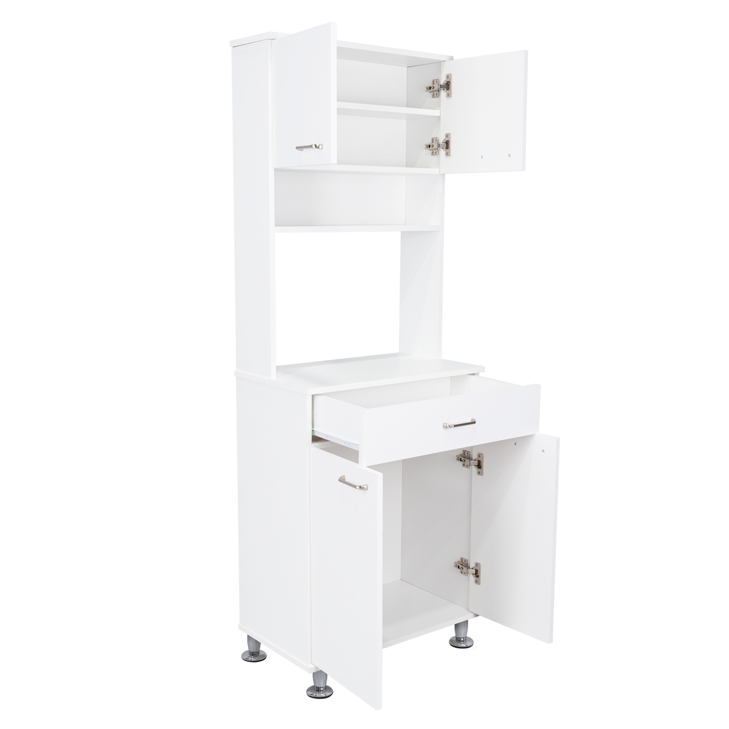 Modern white kitchen cabinet with open drawer and door