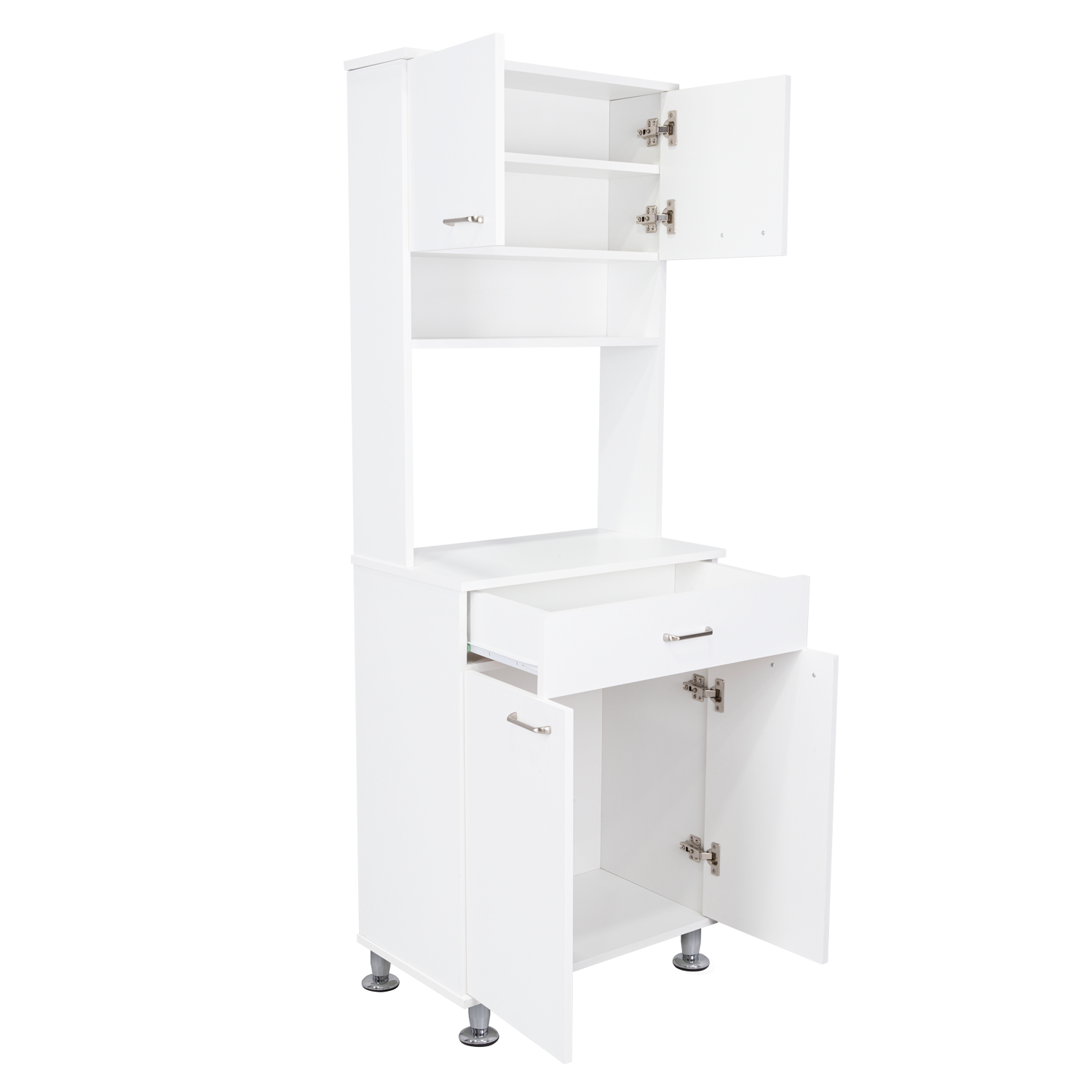 Modern white kitchen cabinet with open drawer and door