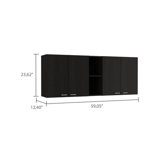 Black wood grain wall cabinet with silver handles and open shelving