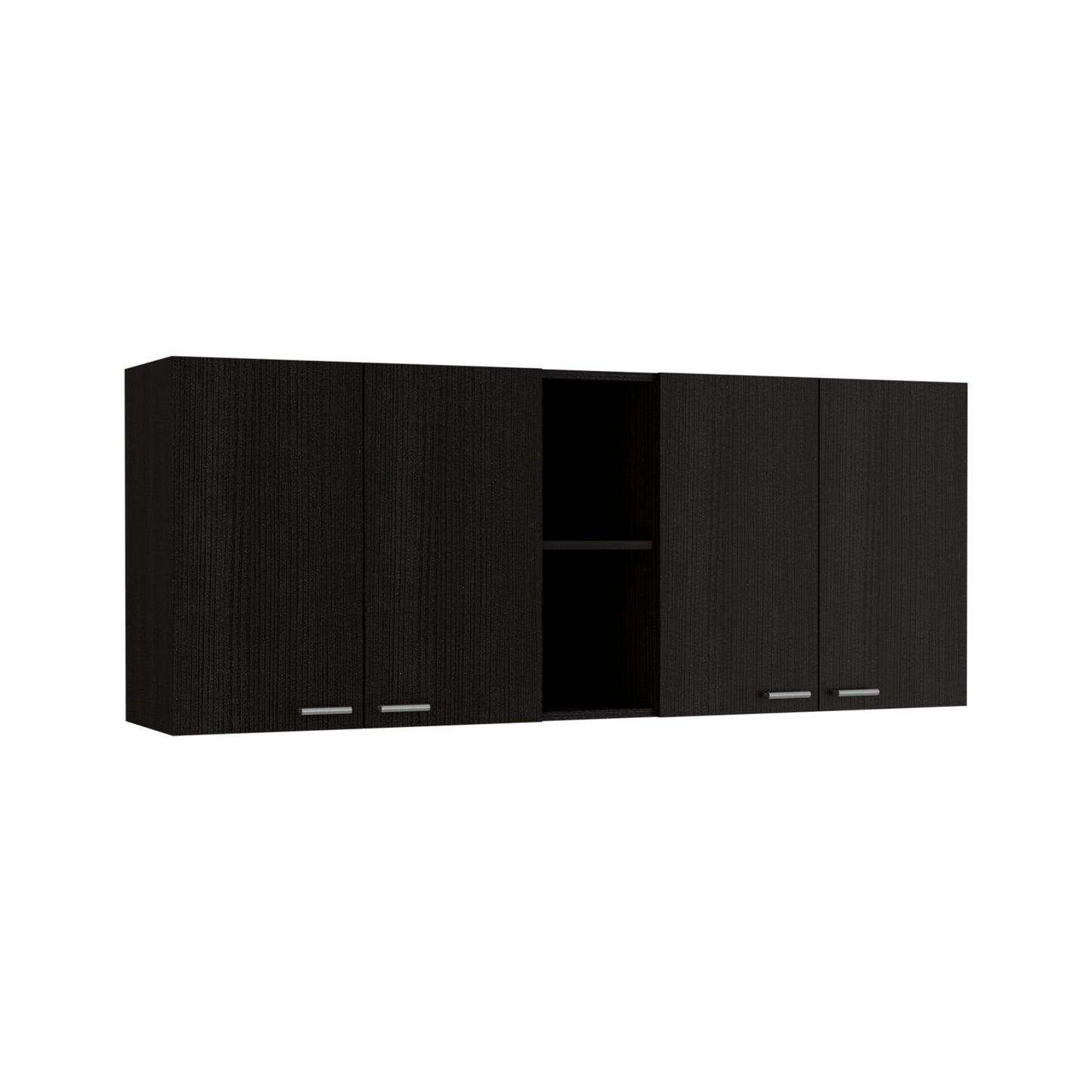 Black wood grain wall cabinet with four doors and open shelf