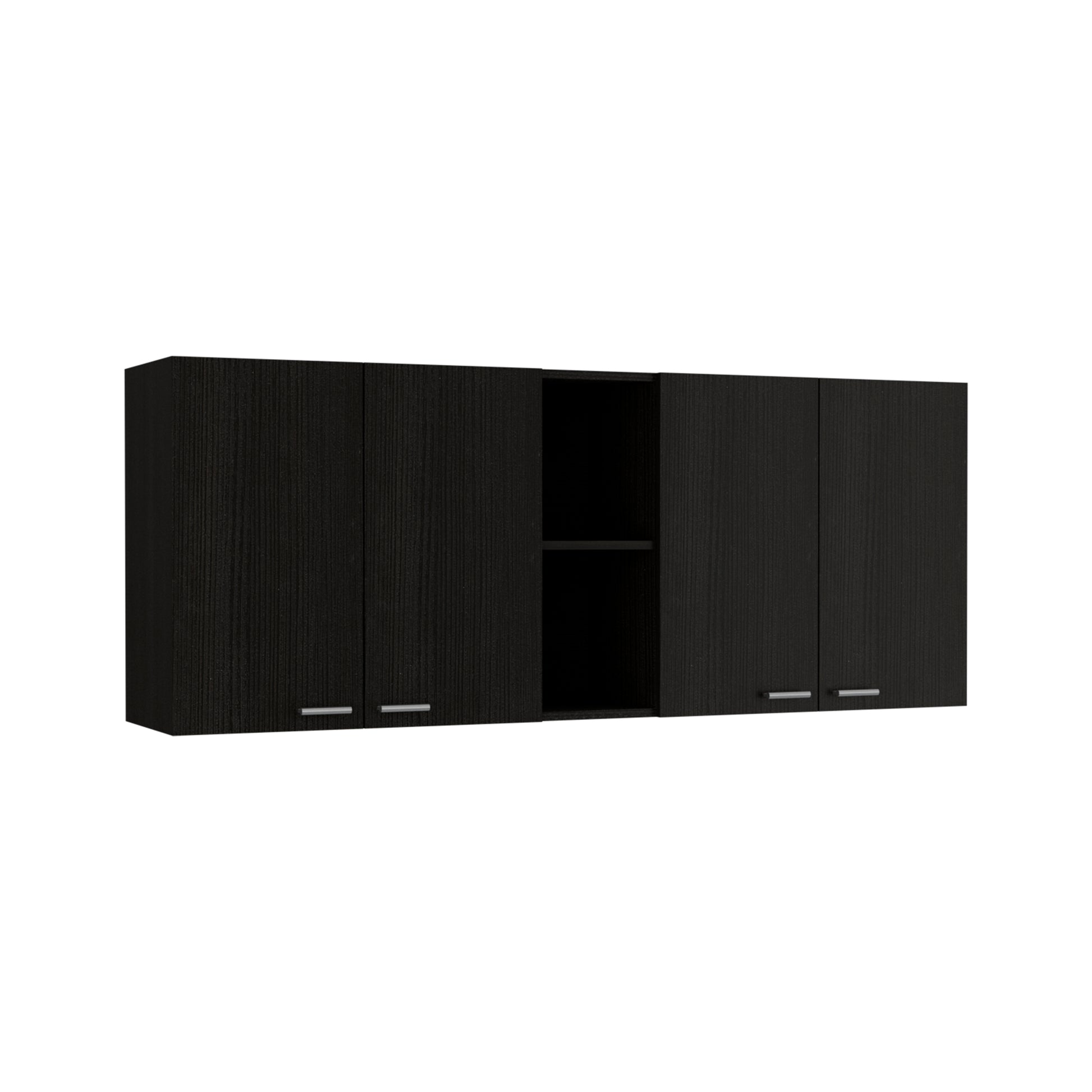 Black wood grain wall cabinet with four doors and open shelf