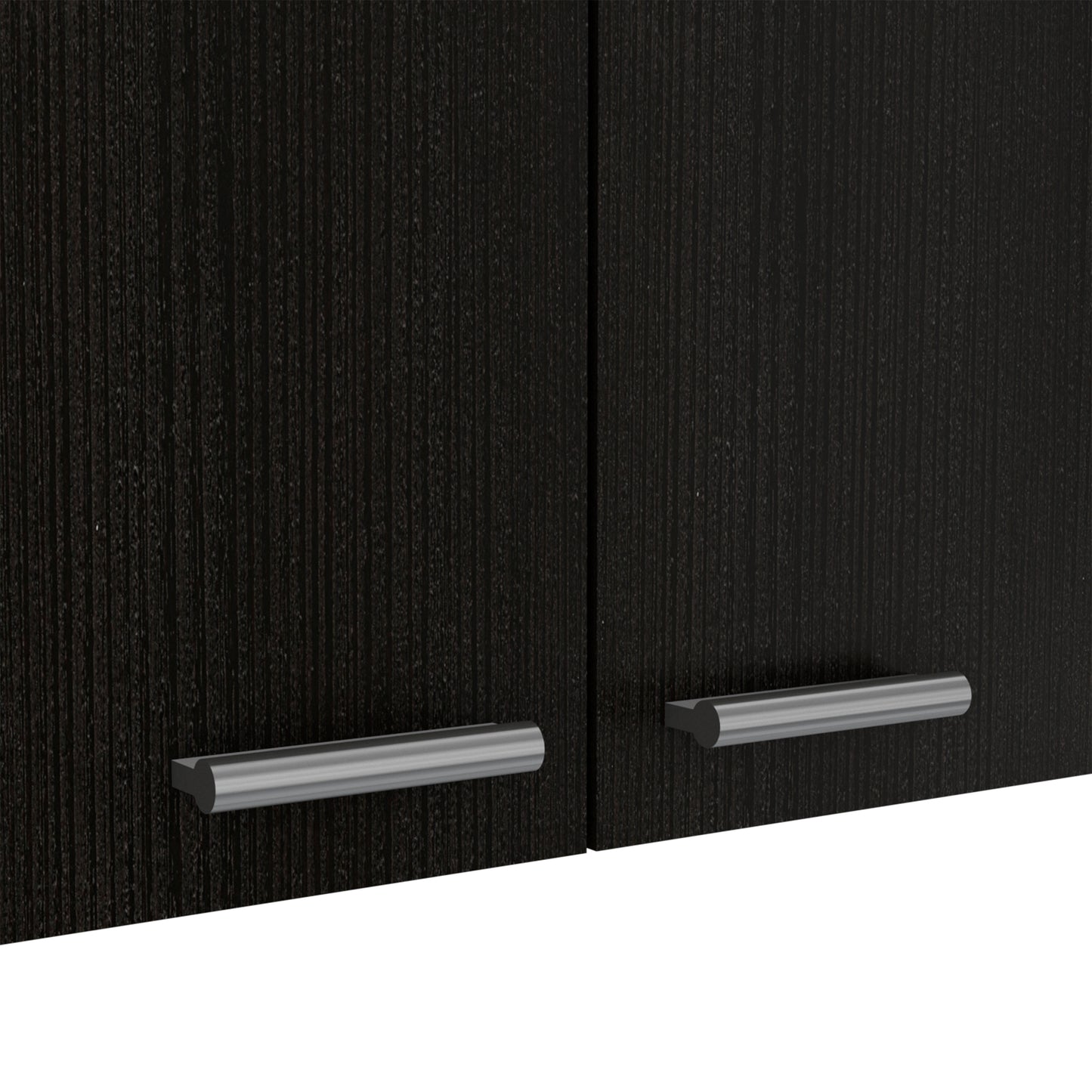 Dark wood cabinet doors with brushed nickel bar pulls