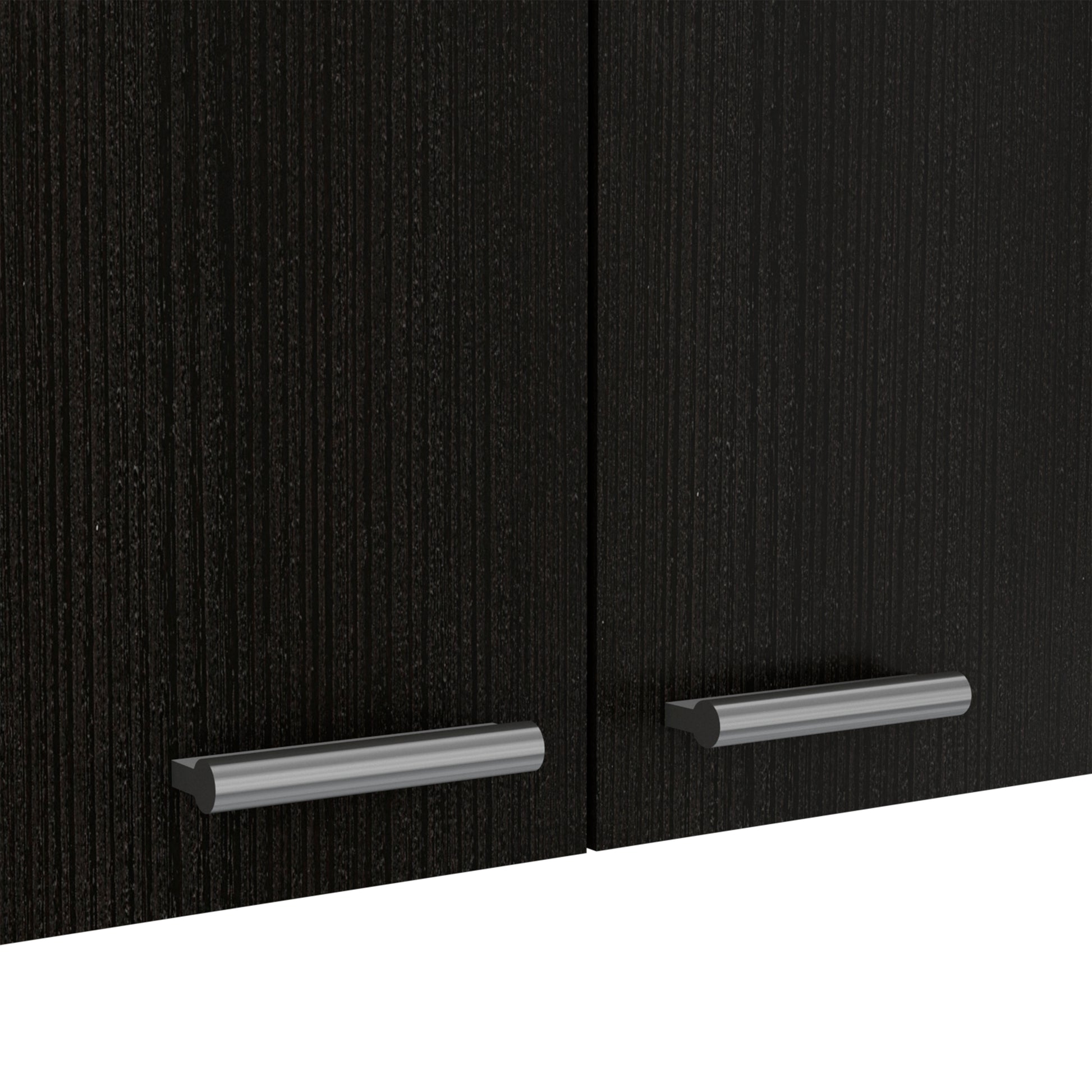 Dark wood cabinet doors with brushed nickel bar pulls