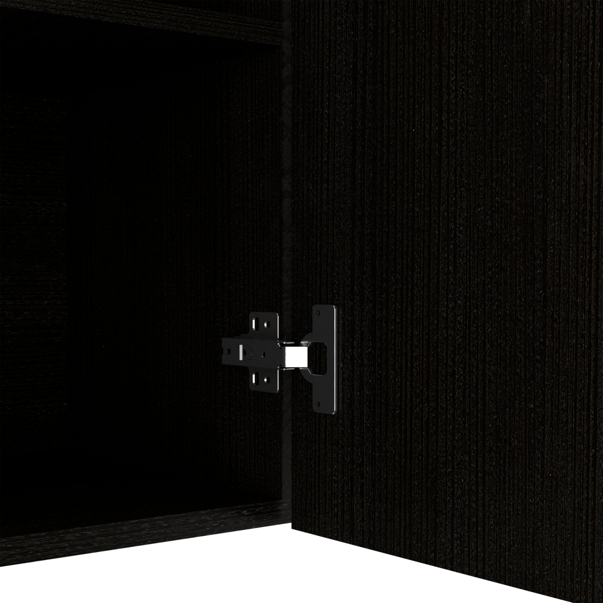 Dark wood cabinet door with visible metal hinge