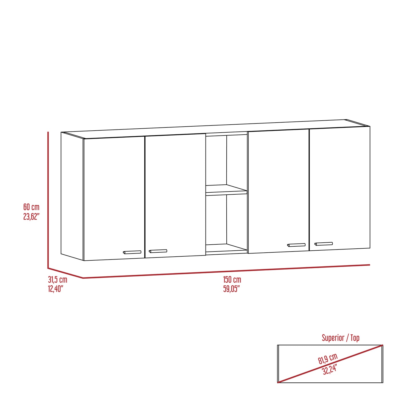 Line drawing of a cm wall cabinet with four doors and open shelves