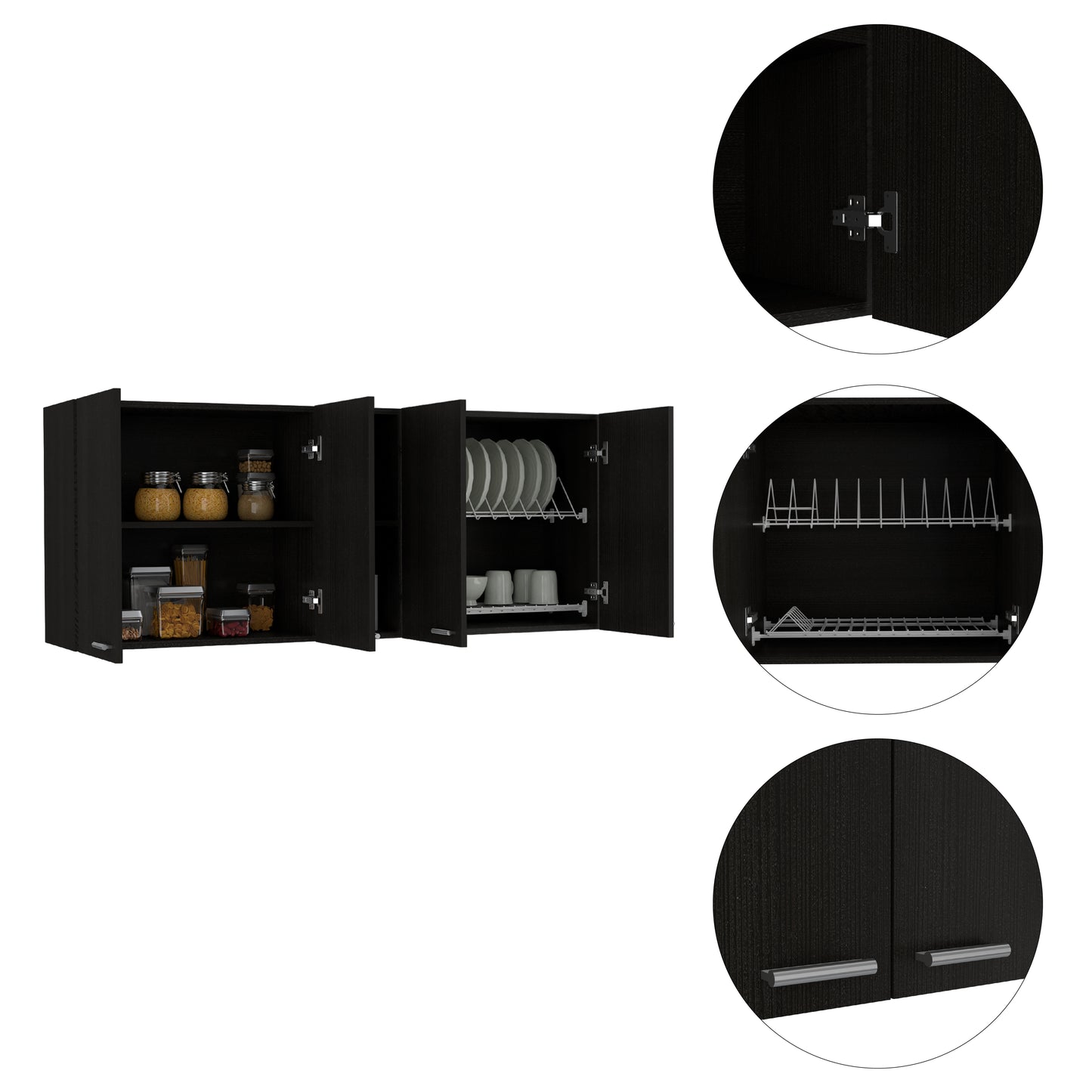 Black kitchen cabinet with glass jars and pantry items