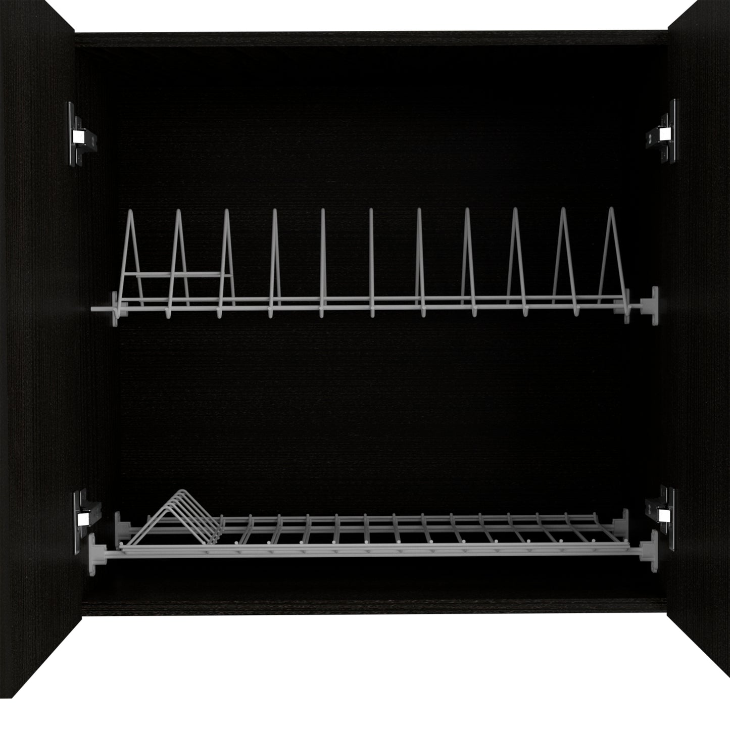 Black cabinet interior with two pullout wire shelves for dishes