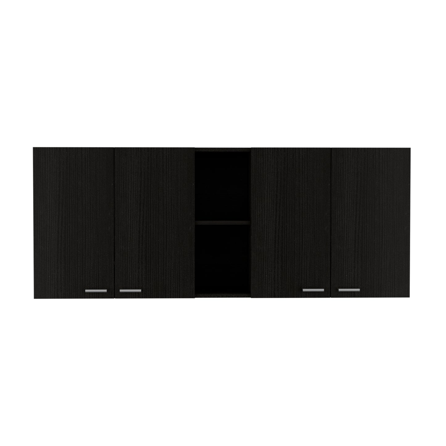 Dark wood grain wall cabinet with four doors and a central open shelf section