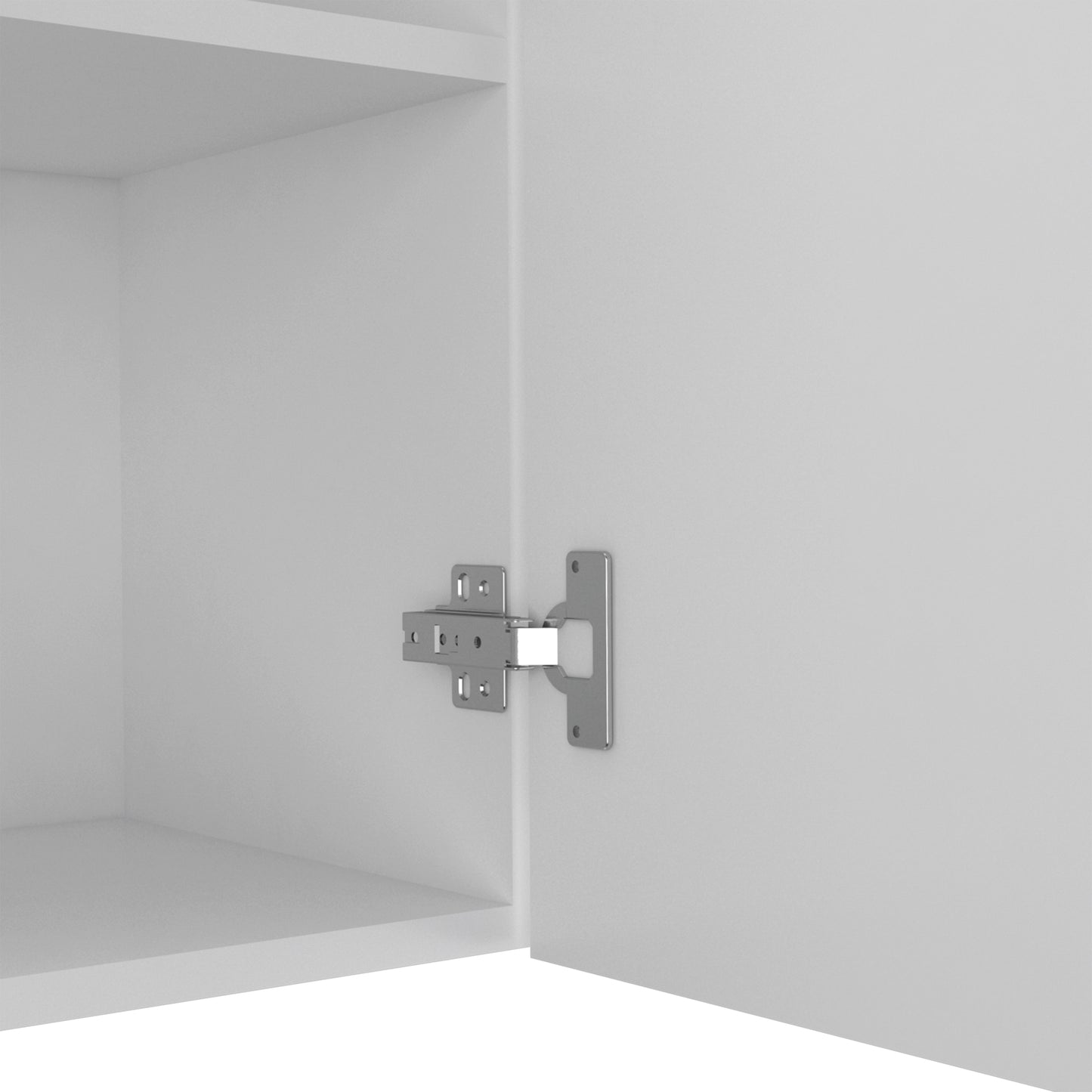 Closeup of a white cabinet door with a silver concealed hinge mechanism