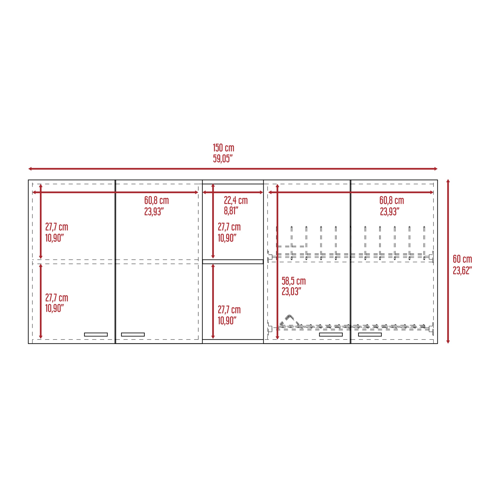 Detailed diagram of a modular shelving unit with dimensions
