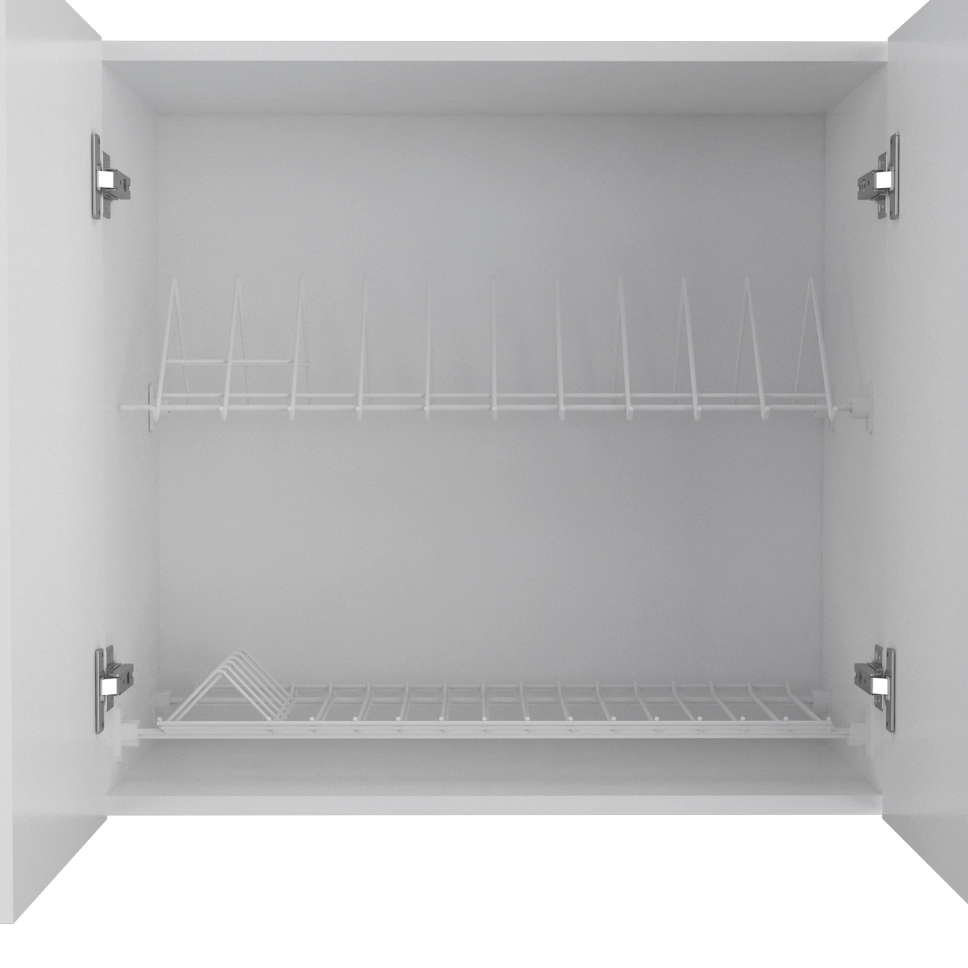 White cabinet with two wire shelves for dish drying