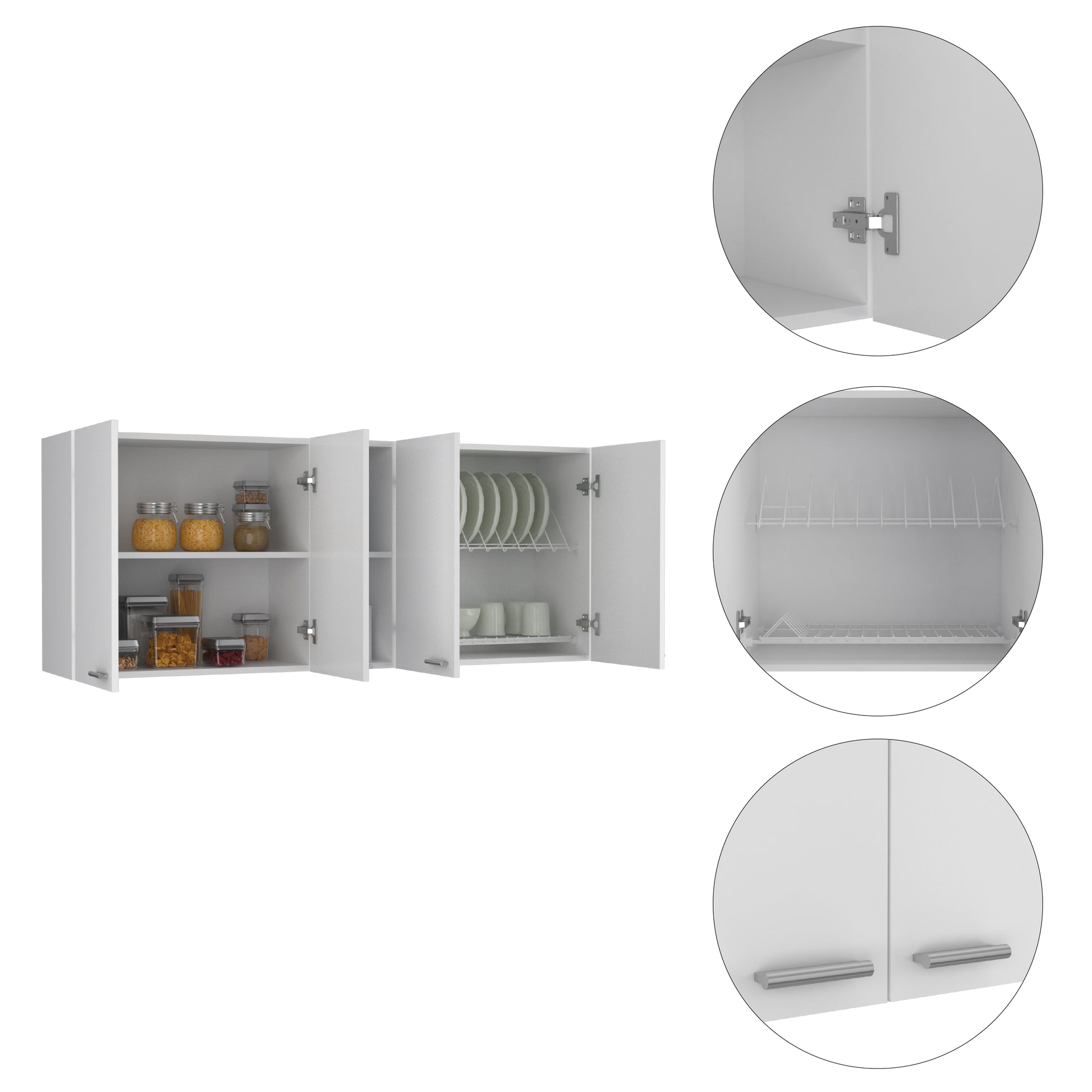 White wall cabinet with glass jars of pasta