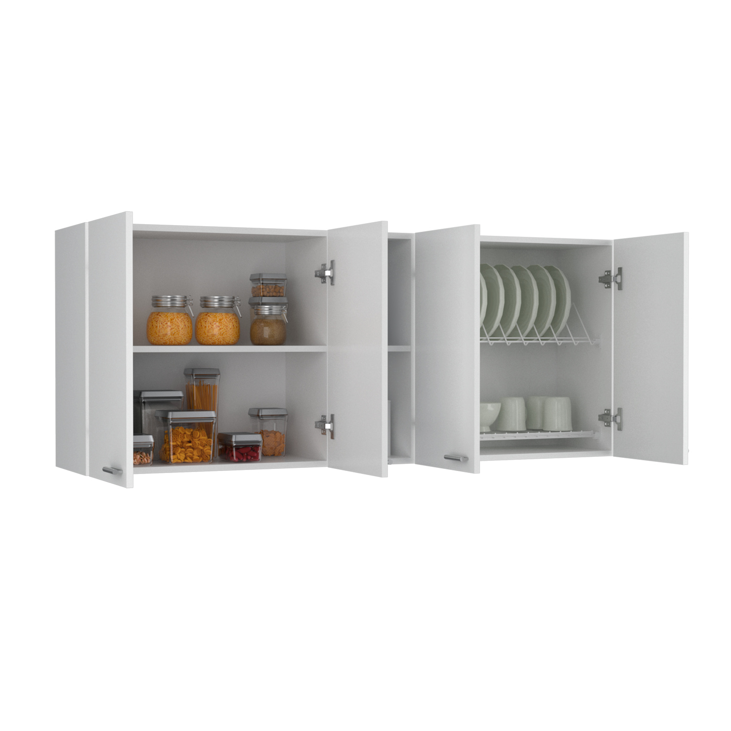 White modern kitchen cabinet displaying clear food storage containers with dry pasta and grains