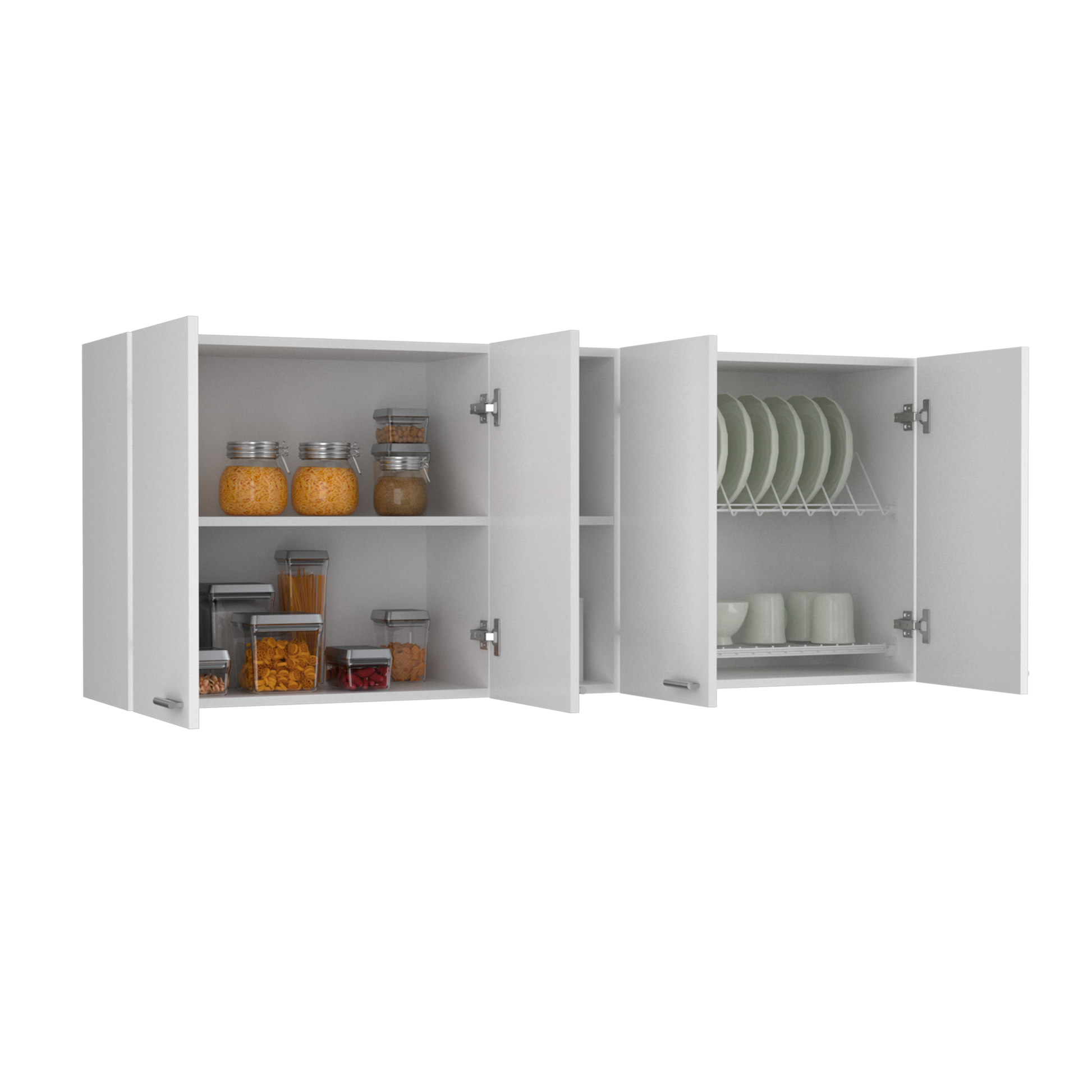 White modern kitchen cabinet displaying clear food storage containers with dry pasta and grains