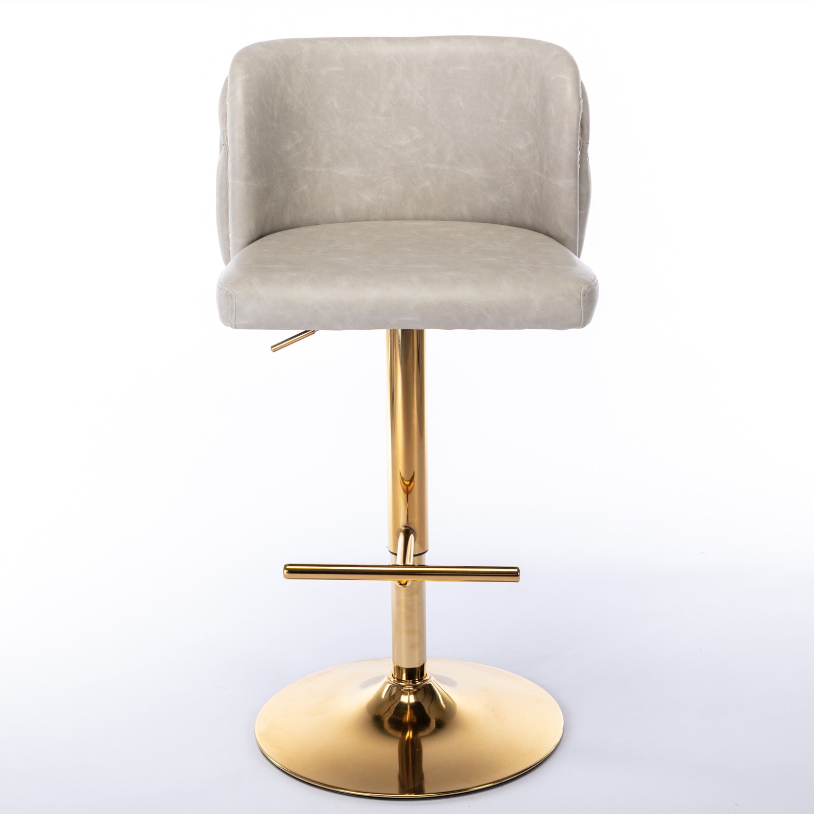 Gray faux leather bar stool with gold adjustable base and footrest