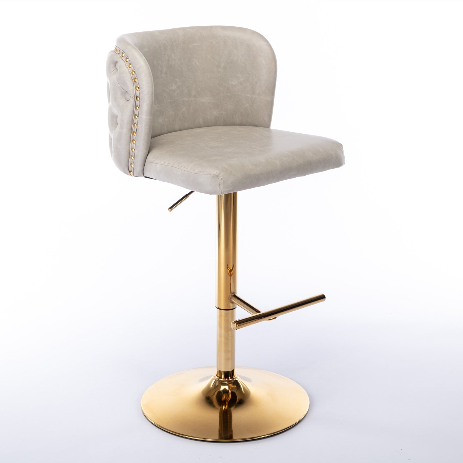 Light grey tufted leather bar stool with gold base