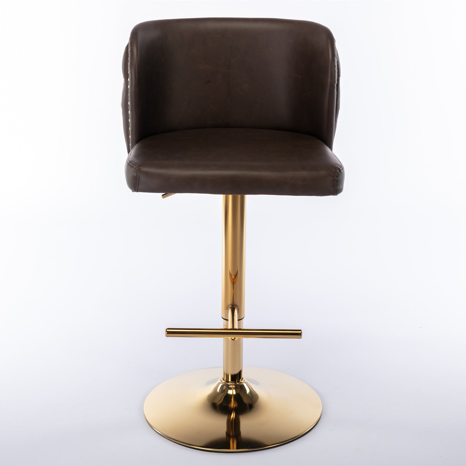 Brown faux leather bar stool with gold base and adjustable height