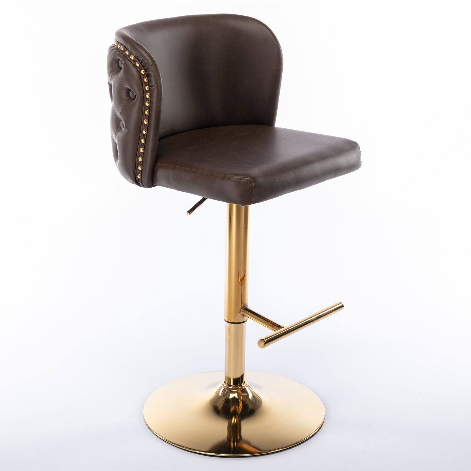 Tufted brown leather bar stool with gold base and nailhead trim