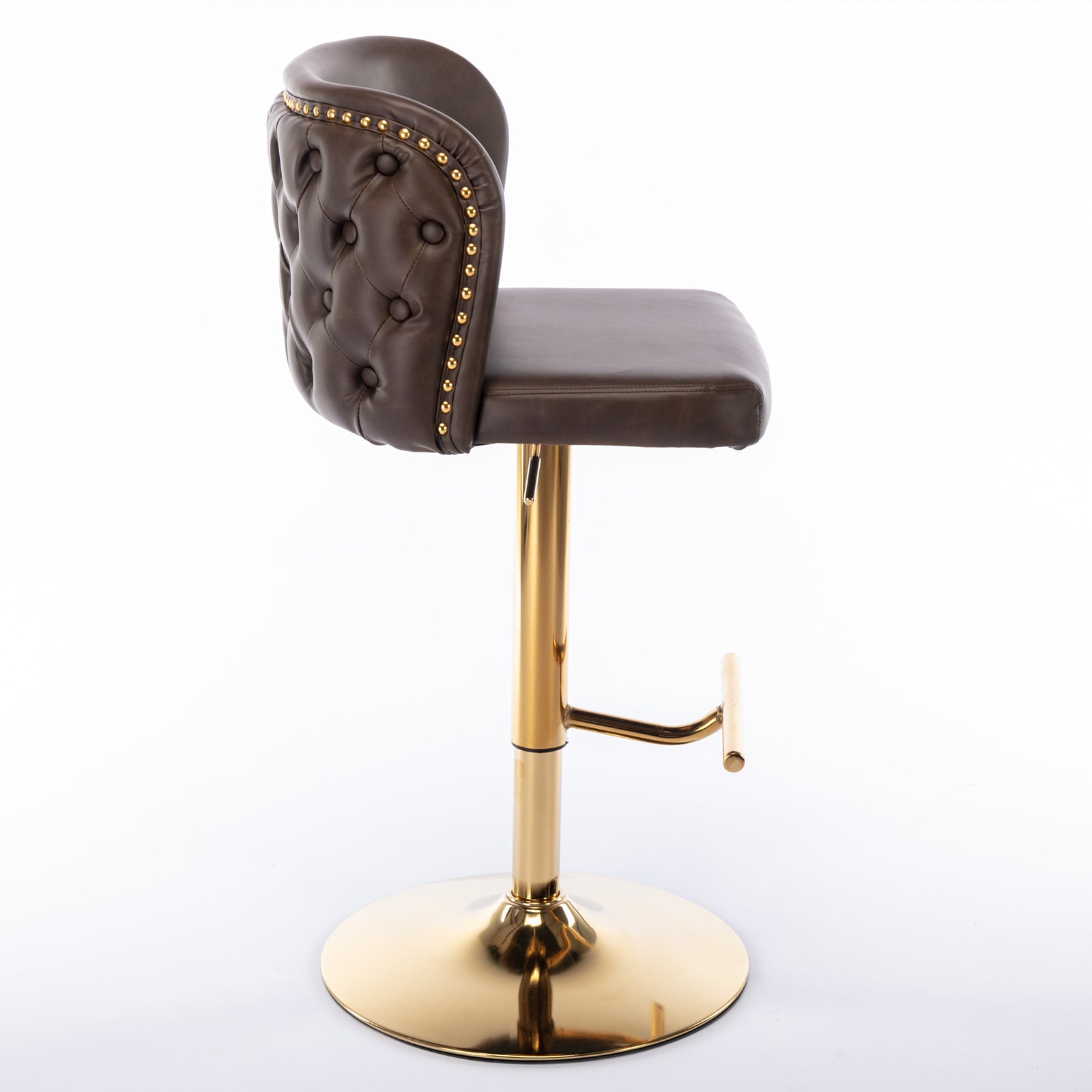 Brown tufted leather bar stool with gold accents and polished gold base