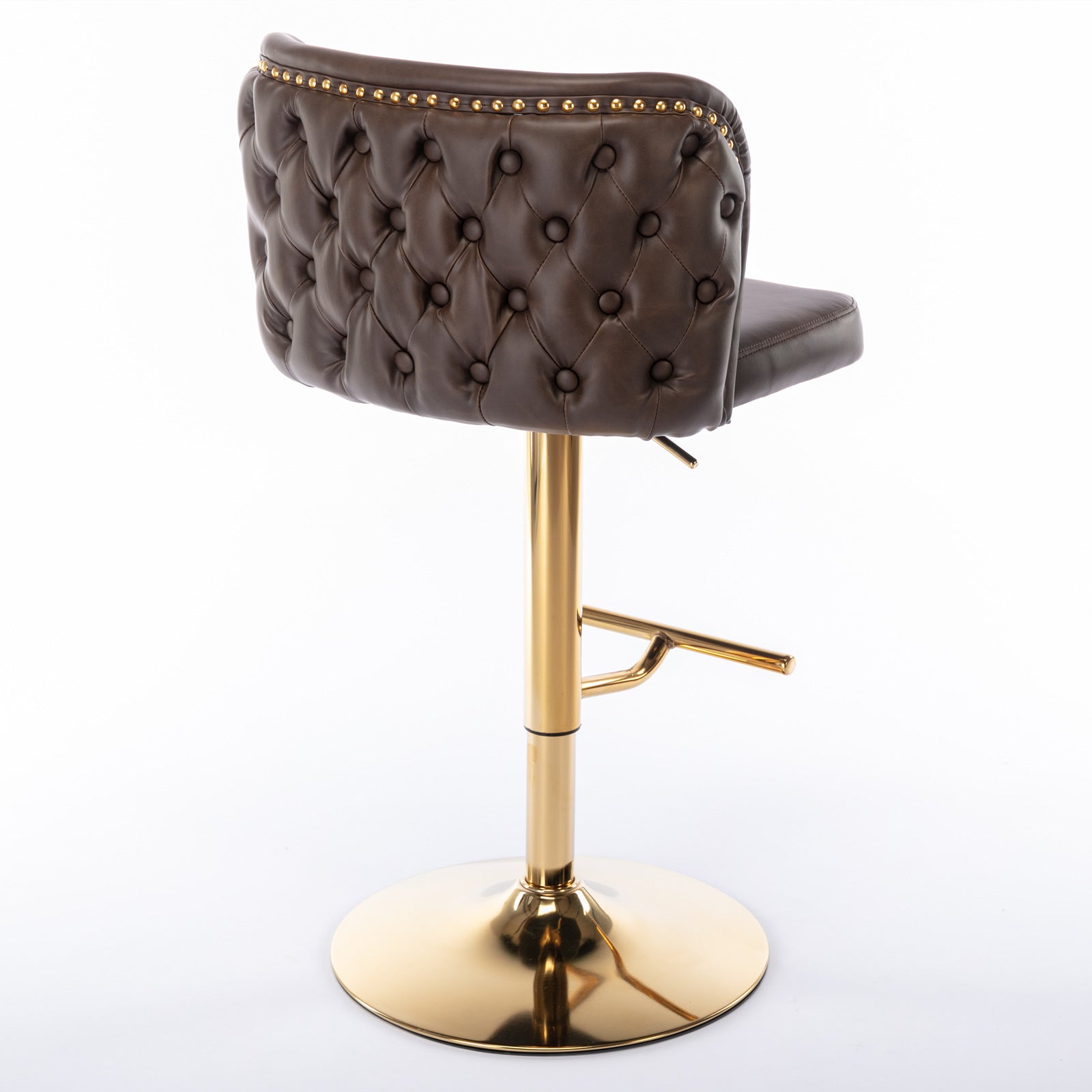 Brown tufted leather bar stool with gold accents and a gold adjustable base