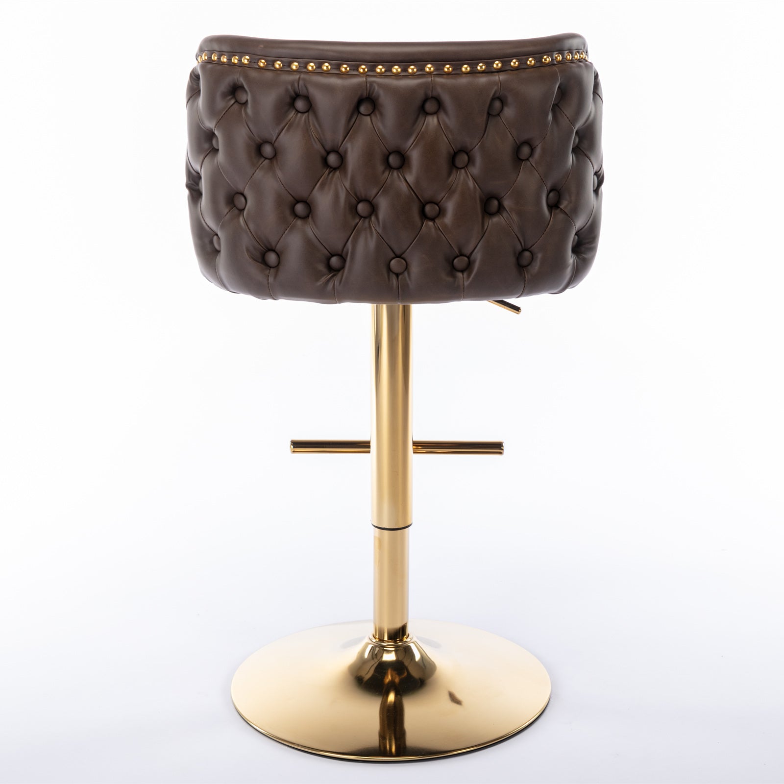Brown tufted leather bar stool with gold base and adjustable height