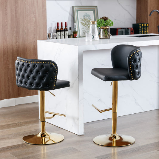 Black tufted bar stool with gold accents and adjustable height