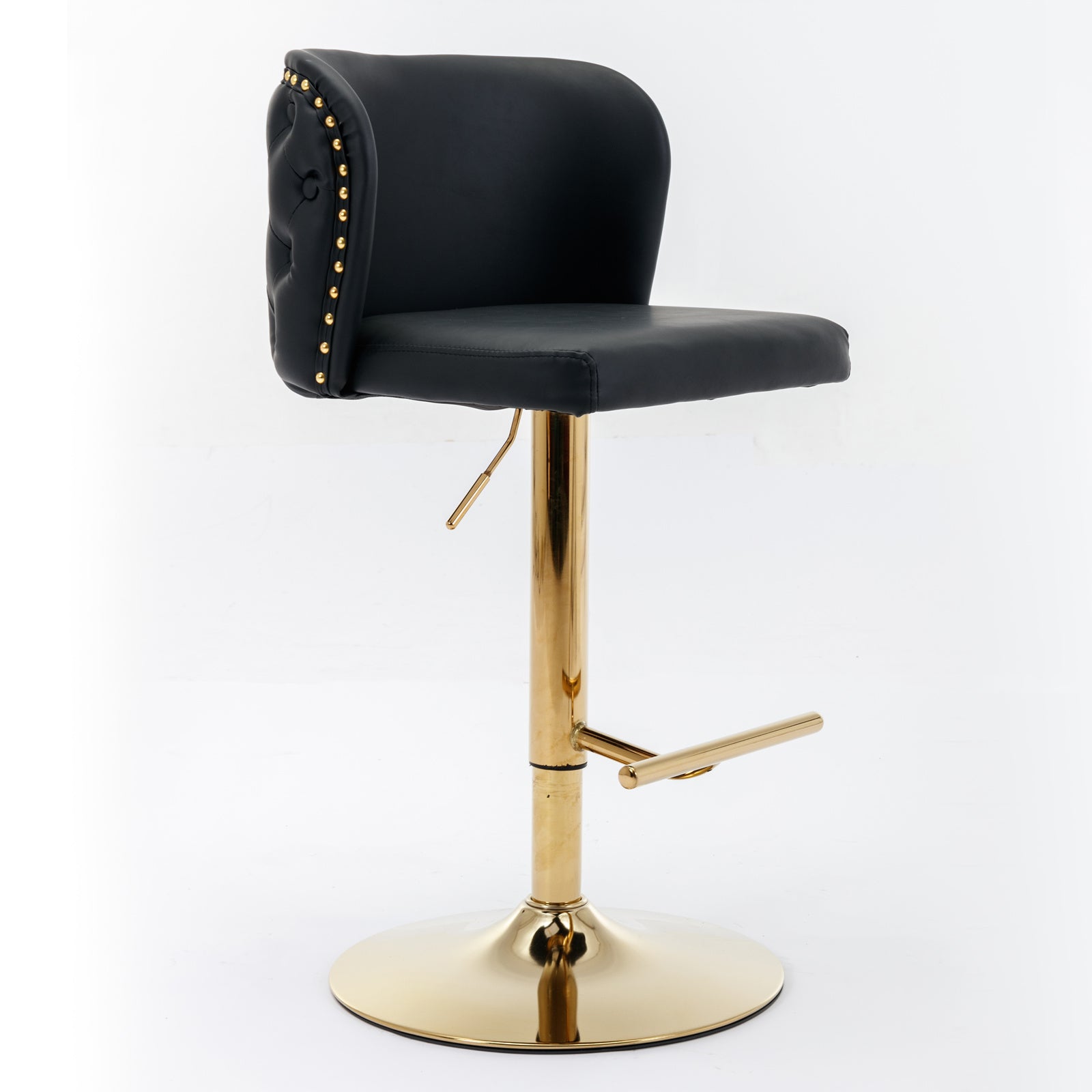 Black tufted bar stool with gold accents and polished gold base