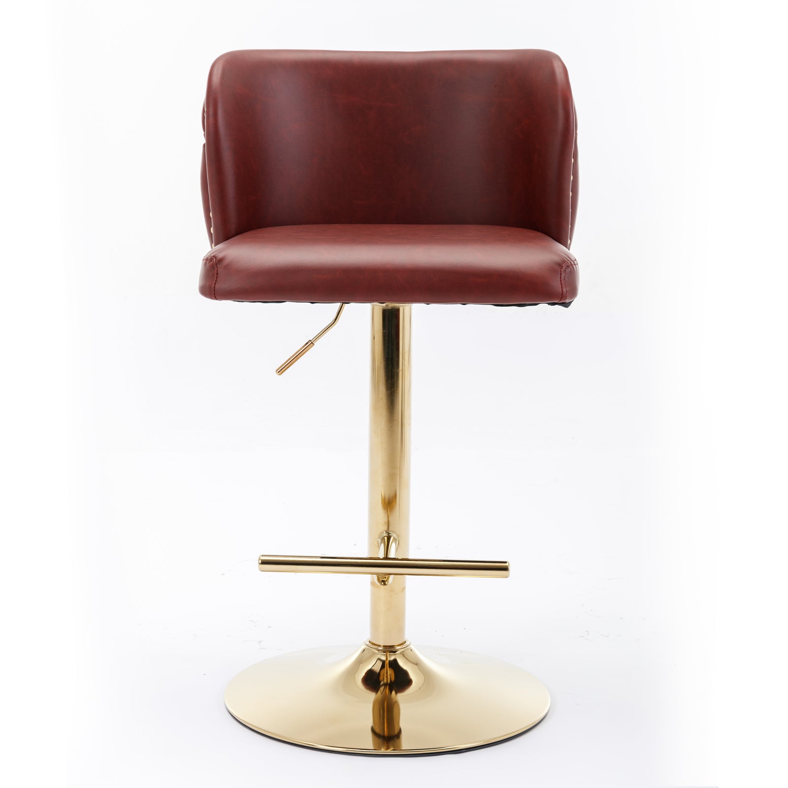 Adjustable bar stool with rich brown faux leather seat and gold base