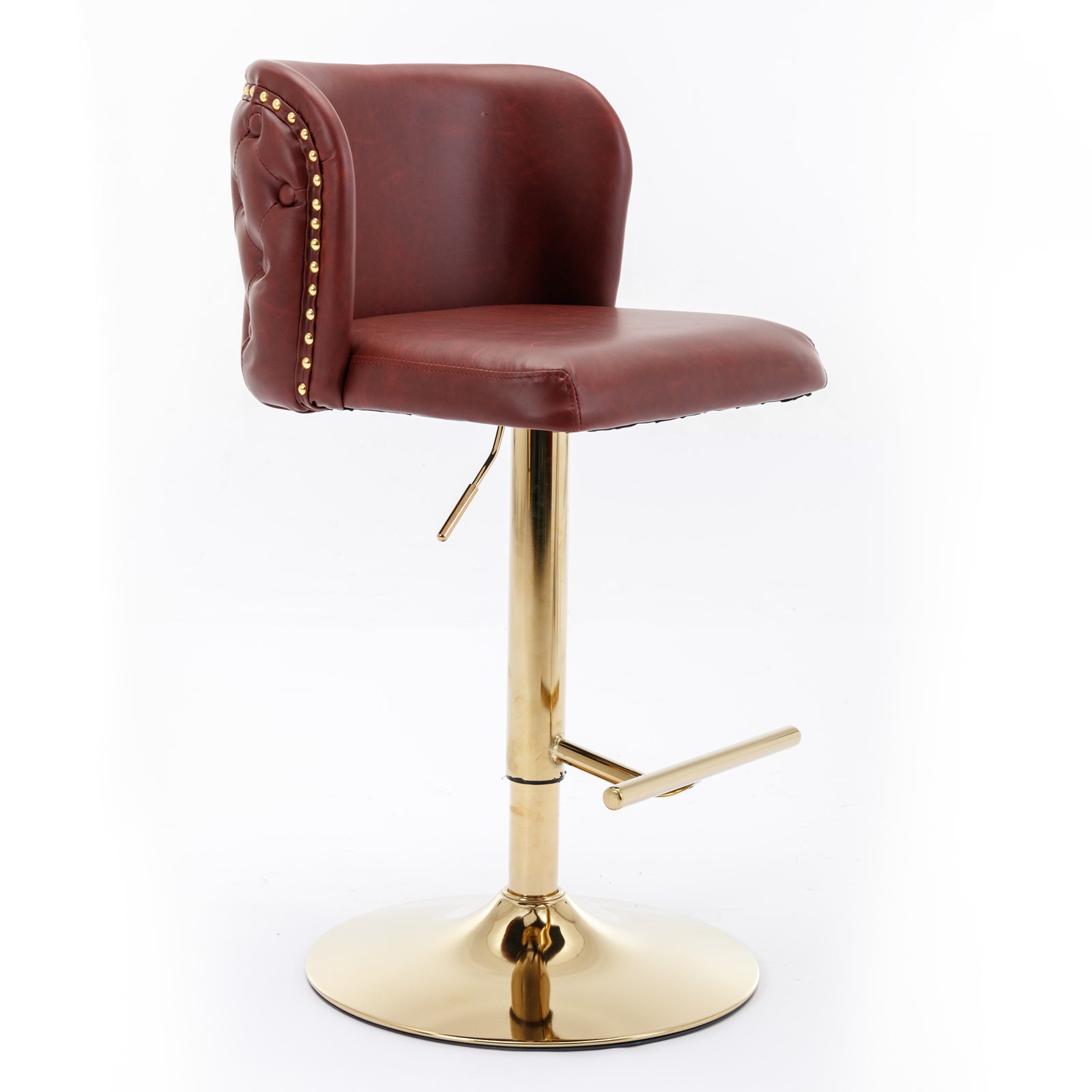 Adjustable brown faux leather bar stool with gold base and nailhead trim