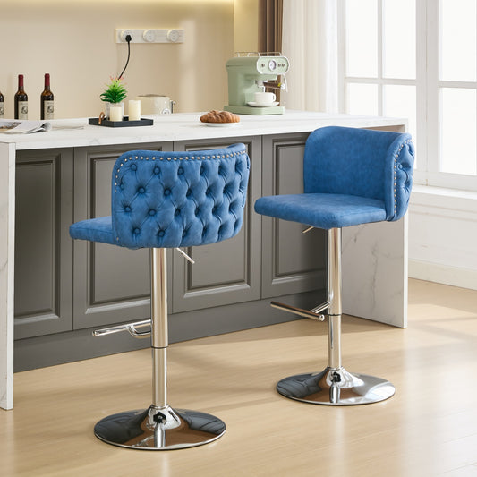 Blue tufted velvet bar stool with silver nailhead trim and chrome base
