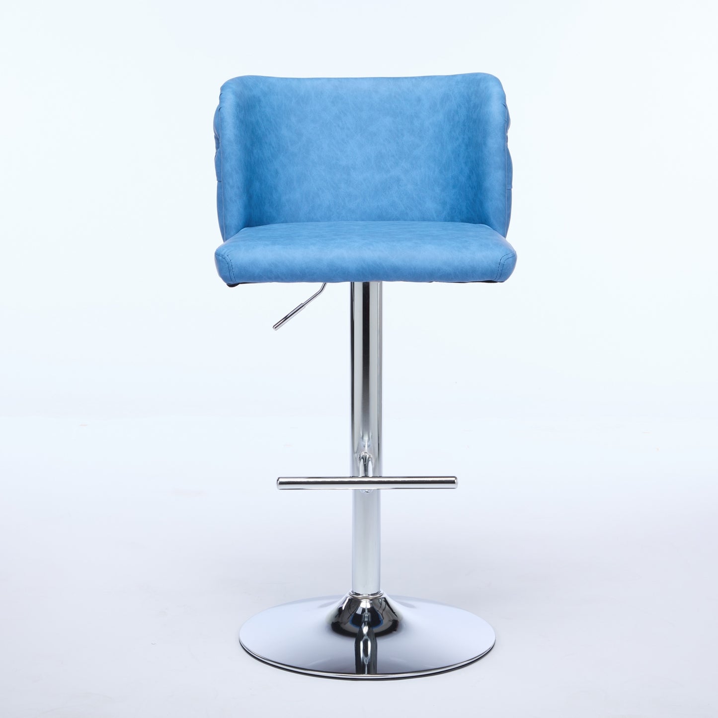 Blue faux leather bar stool with chrome base and adjustable height