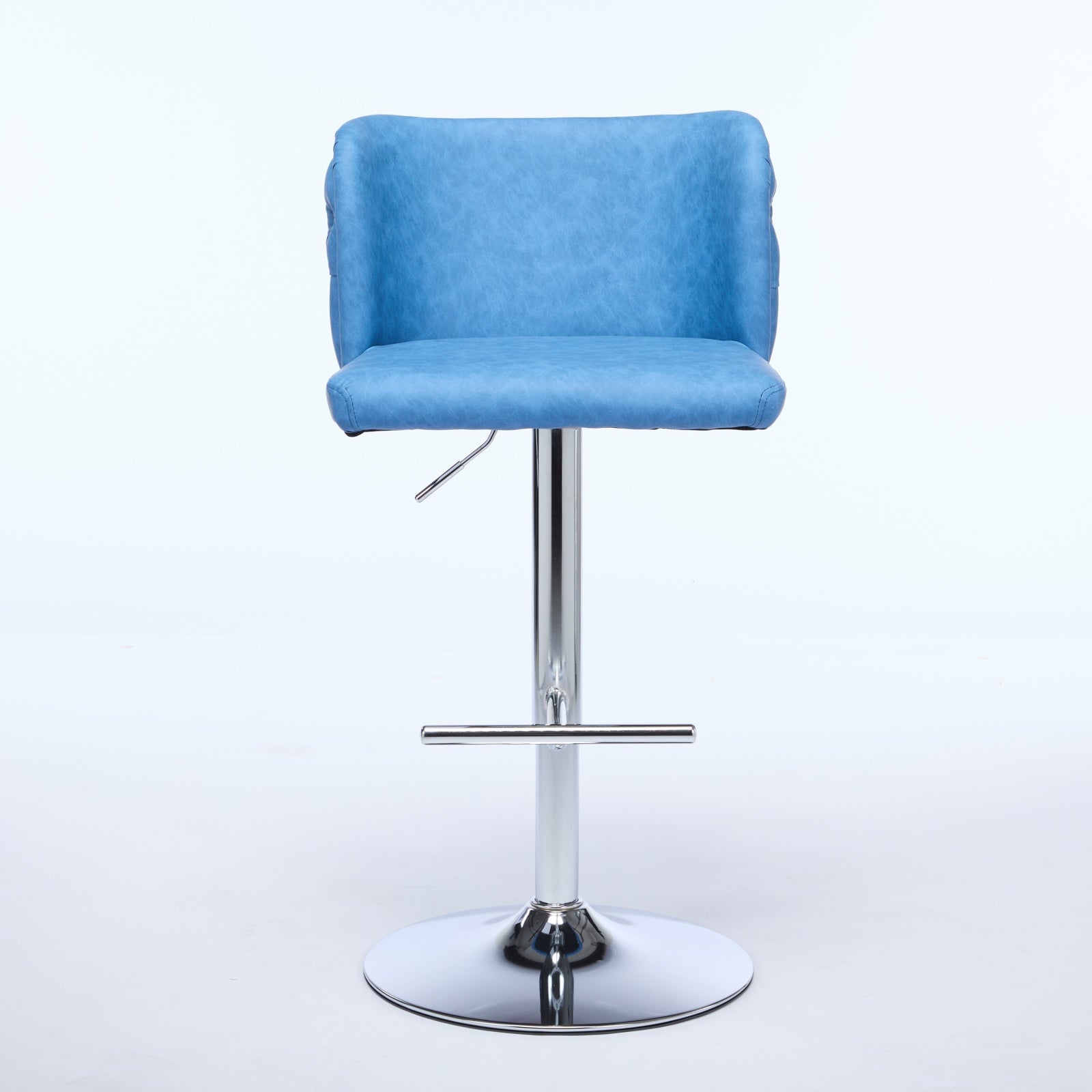 Blue faux leather bar stool with chrome base and adjustable height
