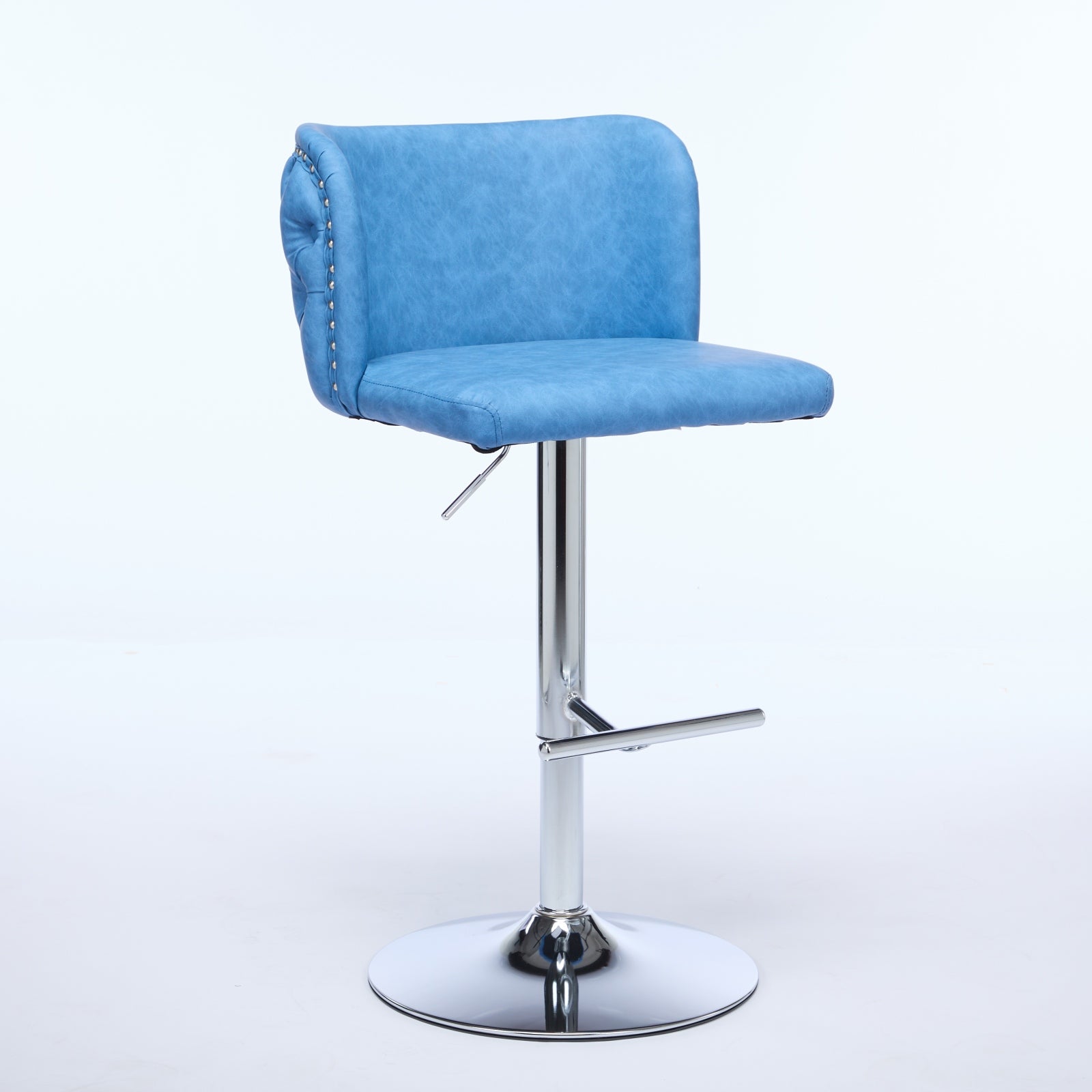 Blue faux leather bar stool with tufted back and chrome base